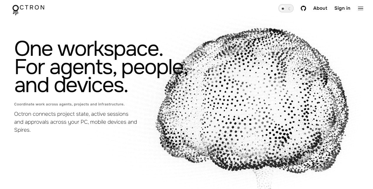 Octron About page with the headline One workspace and the particle octopus.